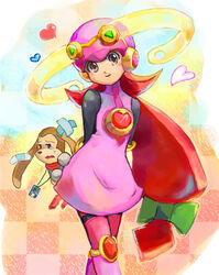  blonde_hair bodysuit breasts commentary_request cross_fusion dinef dress female gloves helmet long_hair mayl_sakurai_(mega_man) mega_man_(series) mega_man_battle_network_(series) netnavi photoshop_(medium) pink_dress pink_gloves roll.exe_(mega_man) rush_(mega_man_battle_network) standing thighhighs virus_(mega_man) 