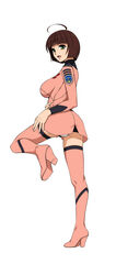  ahoge bob_cut brown_hair female from_behind green_eyes harada_makoto hiyoko_daiou leg_lift legs looking_at_viewer looking_back open_mouth panties pantyshot pantyshot_(standing) pink_legwear simple_background solo standing thighhighs uchuu_senkan_yamato uchuu_senkan_yamato_2199 underwear uniform white_background white_panties 