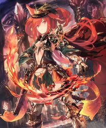  animal_ears armor armored_boots belt boots cape castle chains cygames embers female flaming_sword flaming_weapon gun hand_on_own_hip handgun hat kanjy00u long_hair navel official_art orange_eyes orthrus_(shadowverse) peaked_cap red_hair ribbon scabbard shadowverse sheath shingeki_no_bahamut sword torn_cape torn_clothes weapon 