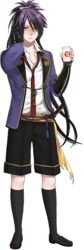  1boy amazake_(drink) black_socks bottle fudou_yukimitsu full_body kneehighs male_focus minato_(robin) necktie official_art open_mouth ponytail purple_eyes purple_hair shorts socks solo sword touken_ranbu transparent_background weapon 