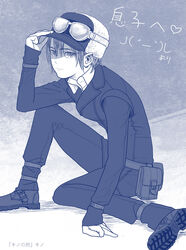  artist_request expressionless female goggles hat kino kino_no_tabi looking_at_viewer short_hair sitting slouch solo tagme 