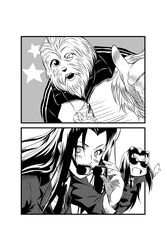  1boy commentary_request crossover female formal fur greyscale highres hitomi_sensei_no_hokenshitsu long_hair moji_yuuki monochrome monster_musume_no_iru_nichijou ms._smith necktie one_eye_closed s-now skirt skirt_suit star_(symbol) suit sunglasses thumbs_up track_suit whistle 