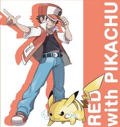  1boy adjusting_clothes adjusting_headwear ariga_hitoshi badge baseball_cap black_hair brown_eyes character_name denim hat jacket jeans official_art open_clothes open_jacket pants pikachu pointing pokemon pokemon_(creature) pokemon_rgby red_(pokemon) shoes single_vertical_stripe sneakers 