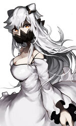  abyssal_ship breasts cleavage commentary dress female horns kantai_collection large_breasts long_hair looking_at_viewer midway_princess mukka off_shoulder pale_skin red_eyes simple_background solo white_background white_dress white_hair 