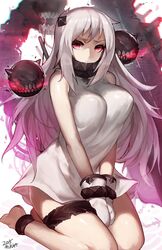  abyssal_ship aged_up alternate_breast_size barefoot between_legs breasts colored_skin commentary_request female hand_between_legs highres horns kantai_collection large_breasts long_hair looking_at_viewer mittens monster mukka northern_ocean_princess pale_skin red_eyes solo turret v_arms white_hair white_skin 