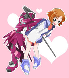  :d aged_down blush_stickers boots commentary_request cropped_jacket female grey_eyes gun heart jacket long_sleeves mark_sieben mecha open_mouth orange_hair photoshop_(medium) pink_background rifle robot sakaki_tsui short_hair skirt smile sniper_rifle soukyuu_no_fafner toomi_maya uniform weapon 