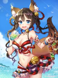  animal_ears armband bad_id bad_pixiv_id bare_shoulders bead_bracelet beads bell bikini bikini_skirt bird blue_eyes blush bracelet breasts brown_hair bubble cleavage collar commentary cup day drinking_straw female food food_on_face fox_ears fox_girl fox_tail hair_bell hair_ornament holding holding_cup holding_food jewelry jingle_bell lerome looking_at_viewer neck_bell necklace ocean oerba_yun_fang open_mouth original outdoors rope seagull seashell_bracelet shell shell_necklace shimenawa skirt sky smile solo stomach summer swimsuit symbol-only_commentary tail twintails water wet white_skirt yakitori 