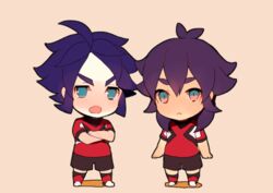  2boys bad_link blue_eyes blue_hair chibi crossed_arms frown inazuma_eleven_(series) inazuma_eleven_go inazuma_eleven_go_galaxy kishibe_taiga long_hair lowres male_focus multiple_boys no_pupils open_mouth purple_hair resistance_japan simple_background soccer_uniform sportswear standing tokio_neo yukimura_hyouga 