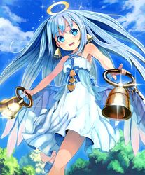  angel angel_wings artist_request bell bell_earrings bellringer_angel blue_eyes blue_hair cygames day dress earrings female hair_ornament hairclip halo jewelry key keyring official_art shadowverse shingeki_no_bahamut sky smile tree white_dress wings 