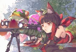  2girls aiming animal_ear_fluff animal_ears animare bare_shoulders bear_ears bear_paws binoculars bipod black_hair blunt_bangs breasts commentary_request detached_sleeves fox_ears gigapuri green_eyes green_hair gun hat highres hinokuma_ran holding inari_kuromu leaf leaf_on_head lying midriff multicolored_hair multiple_girls nanashi_inc. on_stomach parted_lips plant red_eyes red_hair rifle scope short_hair sniper_rifle streaked_hair virtual_youtuber weapon wide_sleeves 