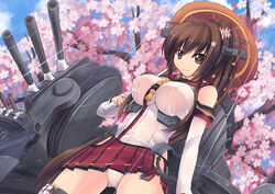  brown_eyes brown_hair cannon cherry_blossoms commentary_request detached_sleeves female kantai_collection long_hair miniskirt oil-paper_umbrella panties pantyshot partial_commentary ponytail skirt solo srwsrx_(gp03dsrx) standing umbrella underwear yamato_(kancolle) 