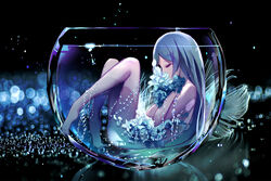  absurdres barefoot black_background blue_flower blue_hair closed_eyes commentary_request cup drinking_glass eien_no_juu_nana-sai female flower from_side hair_between_eyes hands_up highres knees_up long_hair nude original partially_submerged profile solo transparent very_long_hair water 