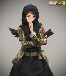  abaya afghan_flag afghanistan belt beretta_92 black_hair camouflage commentary_request copyright_name covering_own_mouth female flashlight gun hand_over_own_mouth handgun highres hijab looking_at_viewer magazine_(weapon) military military_uniform muslim original patch photoshop_(medium) pouch purple_eyes serious simple_background sleeves_rolled_up soldier tanto_(tc1995) trigger_discipline uniform war_in_afghanistan weapon wind 