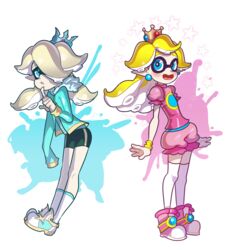  adapted_costume alternate_costume bike_shorts blonde_hair blue_eyes bracelet crown domino_mask finger_to_mouth fur_trim hair_over_one_eye highres inkling jewelry kneehighs long_sleeves mask princess_peach puffy_short_sleeves puffy_shorts puffy_sleeves raspbeary rosetta_(mario) shoes short_sleeves smile splatoon star super_mario_bros. tennis_shoes tentacle_hair thighhighs very_long_sleeves 