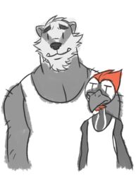  2_frame_animation 2d_animation animated anthro arcarc avian badger bird clothing crew_(anti_dev) duo facial_hair goatee male mammal marcus_(arcarc) muscular mustelid musteline picid pileated_woodpecker shirt short_playtime smile tank_top topwear unimpressed woodpecker 