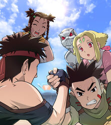  2boys 2girls arm_wrestling black_eyes black_hair blade_liger blonde_hair blue_sky braid brown_hair clenched_teeth cloud commentary_request dark_skin day facial_mark fingerless_gloves fiona_(zoids) forehead_mark gloves hands_on_own_hips headband irvine leaning_forward looking_down mecha moonbay multiple_boys multiple_girls non-humanoid_robot open_mouth quad_tails robot robot_animal sky sweat teeth twin_braids ueyama_michirou van_flyheight zeke_(zoids) zoids zoids_chaotic_century 