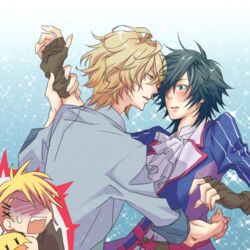  3boys blonde_hair blush broccoli_(company) hair_ornament hairclip ichinose_tokiya imminent_kiss kurusu_shou lowres male_focus multiple_boys non-web_source pixiv shinomiya_satsuki sparkle uta_no_prince-sama 