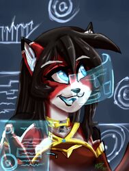  android anthro ara_(fluff-kevlar) black_body black_fur black_hair blue_eyes cybernetics digital_media_(artwork) domestic_cat felid feline felis female fur glowing hair hi_res hologram machine mammal mtapartstuff multicolored_body multicolored_fur red_body red_fur robot solo white_body white_fur 