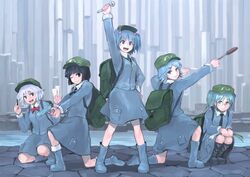  5girls :d ;) alternate_hairstyle arm_up arms_up backpack bad_id bad_twitter_id bag bespectacled black_footwear black_hair blue_eyes blue_footwear blue_hair blue_shirt blue_skirt blunt_bangs bob_cut boots bow bowtie breasts cabbie_hat cattail cross-laced_footwear dark_haired_kappa from_side full_body genbu_ravine glasses glasses_kappa green_hat gun hair_bobbles hair_ornament hair_tie_kappa hand_on_own_hip handgun hands_up hat holding holding_gun holding_pen holding_plant holding_weapon holding_wrench ichiba_youichi kappa_mob_(touhou) kawashiro_nitori key long_sleeves looking_at_viewer looking_back medium_breasts multiple_girls on_one_knee one_eye_closed open_mouth pen plant pocket red_bow red_bowtie round_eyewear rubber_boots shirt short_hair skirt smile squatting standing touhou two_side_up water weapon white_hair wrench x_hair_ornament 