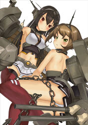  2girls black_hair brown_hair chains commentary_request green_eyes hair_ornament highres kantai_collection long_hair machinery midriff mocha_(snowflake) multiple_girls mutsu_(kancolle) nagato_(kancolle) navel photoshop_(medium) red_eyes 