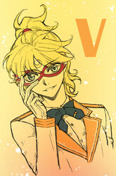  1boy adjusting_mask aino_minako bishoujo_senshi_sailor_moon bishounen blonde_hair blue_bow bow bowtie character_name chinese_commentary codename_wa_sailor_v commentary_request crescent crescent_facial_mark facial_mark forehead_mark formal genderswap_(ftm) gloves male_focus mask nickii25 parted_lips photoshop_(medium) ponytail rule_63 sailor_v smile solo upper_body white_gloves 