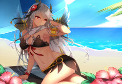  armlet beach beach_umbrella bracelet braid chinese_commentary commentary_request dark_valkyrie_(p&amp;d) day dean_(momodean) female grey_hair hair_ornament highres jewelry long_hair looking_at_viewer navel outdoors puzzle_&amp;_dragons red_eyes revision single_braid solo towel umbrella valkyrie_(p&amp;d) water 