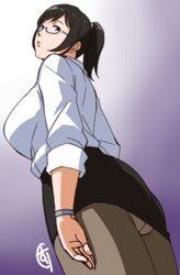  black_hair breasts female from_below ganto glasses holon looking_at_viewer office_lady panties panties_under_pantyhose pantyhose pantyshot pencil_skirt plump ponytail real_drive simple_background skirt thighs underwear upskirt 