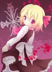  black_dress blonde_hair blood commentary_request dress female hair_ribbon kokorominton long_sleeves looking_at_viewer looking_back red_eyes ribbon rumia sash shirt smile solo touhou 