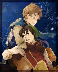  2boys bandana black_hair blue_scarf brown_hair brown_pants closed_mouth commentary_request gensou_suikoden gensou_suikoden_i gloves holding looking_at_another male_focus multiple_boys natsuo_(hatohaco) orange_pants pants robe sash scarf sitting smile tabard ted_(suikoden) tir_mcdohl 