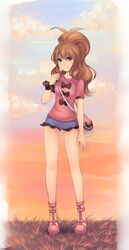  bag blue_eyes blush bow brown_hair commentary cosplay denim denim_shorts english_commentary female full_body high_heels highvoltage hilda_(pokemon) long_hair pokemon pokemon_bw pokemon_xy ponytail shauna_(pokemon) shauna_(pokemon)_(cosplay) shoes shorts simple_background smile solo standing wristband 