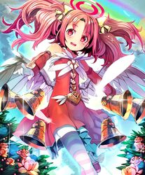  angel angel_wings artist_request bell bellringer_angel cygames detached_sleeves dress feathered_wings feathers female flower gloves hair_bell hair_ornament halo official_art pantyhose rainbow red_dress red_eyes red_hair shadowverse shingeki_no_bahamut smile striped_clothes striped_pantyhose twintails wings 