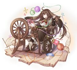  ahoge animal_ears breasts closed_eyes commentary_request female highres kazana_(sakuto) large_breasts long_hair original sitting smile solo spindle spinning_wheel thread wooden_floor yarn yarn_ball 