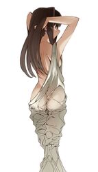  ass bed_sheet breasts brown_hair commentary_request earrings female from_behind green_eyes hands_in_hair highres idolmaster idolmaster_cinderella_girls jewelry kinpun_(fgxdw447) long_hair naked_sheet shibuya_rin side_ponytail simple_background small_breasts solo standing white_background 