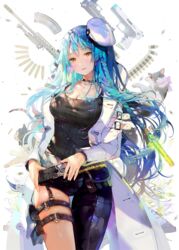  asymmetrical_clothes belt blue_hair braid breasts bullet choker cleavage commentary_request crab_d delphine_(qurare) feline female flower gun hair_ornament handgun hat head_tilt highres holster jacket jewelry large_breasts lily_(flower) long_hair looking_at_viewer magazine_(weapon) md5_mismatch multicolored_hair necklace parted_lips petals potion qurare_magic_library rifle side_braid sidelocks single_braid sniper_rifle solo symbol-shaped_pupils tank_top thigh_holster thigh_strap very_long_hair weapon white_lily yellow_eyes 