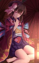  absurdres bakanoe bare_legs barefoot bloomers brown_hair commentary_request female finger_in_own_mouth fish_hair_ornament hair_ornament highres japanese_clothes kagura_(onmyoji) kimono kimono_skirt looking_at_viewer oil-paper_umbrella onmyoji parted_lips red_eyes red_kimono short_hair sidelocks sitting solo umbrella underwear yokozuwari 