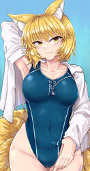  :3 absurdres alternate_costume animal_ear_fluff animal_ears arm_up armpits ass_visible_through_thighs blonde_hair blue_background blue_one-piece_swimsuit breasts closed_mouth collarbone commentary_request competition_swimsuit covered_navel cowboy_shot female fox_ears fox_tail groin highleg highleg_swimsuit highres hip_focus hood hood_down hooded_jacket jacket looking_at_viewer medium_breasts one-piece_swimsuit open_clothes open_jacket short_hair smile solo swimsuit swimsuit_under_clothes tail thigh_gap toluda touhou unzipped white_jacket yakumo_ran yellow_eyes zipper zipper_pull_tab 