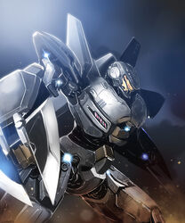  arm_blade commentary_request deeple dual_wielding holding jaeger_(pacific_rim) lights mecha mecha_focus military military_vehicle no_humans pacific_rim photoshop_(medium) realistic robot science_fiction solo striker_eureka super_robot weapon 