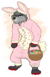  2016 anthro black_nose bunny_costume clothed clothing costume digital_drawing_(artwork) digital_media_(artwork) easter egg fur grey_body grey_fur grumpy hi_res holidays jayboppity jazzotter male mammal mustelid otter simple_background solo 