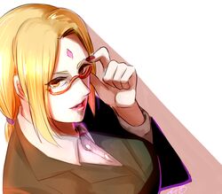  bespectacled blonde_hair brown_eyes buttons facial_mark fingernails forehead_mark formal glasses lips lipstick long_hair looking_at_viewer makeup may_c_(lovemeiko) nail_polish naruto red-framed_glasses red_nails solo tsunade 