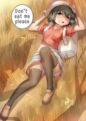  2017 alternate_legwear asdj backpack bag black_eyes black_hair breasts commentary covered_nipples english_text female full_body grass hat hat_feather helmet highres kaban_(kemono_friends) kemono_friends loafers lying on_back open_mouth out_of_frame photoshop_(medium) pith_helmet serval_(kemono_friends) shadow shirt shoes shorts signature silhouette small_breasts solo_focus sweat tearing_up tears thighhighs upshorts 