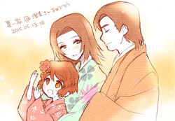  1boy 2girls :d aged_down brown_hair closed_eyes commentary_request dated family father_and_daughter floral_print flower hair_flower hair_ornament husband_and_wife japanese_clothes kaname_kiyomi kaname_sakura kaname_seiichirou kimono lipstick looking_at_another makeup mother_and_daughter multiple_girls open_mouth sakaki_tsui short_hair smile soukyuu_no_fafner spot_color 