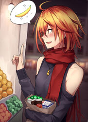  ahoge bad_id bad_pixiv_id bag banana bangs black_sweater blush brown_eyes earrings fate/grand_order fate_(series) food fruit groceries hair_over_eyes holding holding_bag jewelry long_hair long_sleeves looking_away male_focus necklace open_mouth orange_hair otoko_no_ko outdoors paper_bag rama_(fate/grand_order) red_eyes red_hair red_scarf scarf shijiu_(adamhutt) shopping shoulder_cutout smile solo speech_bubble sweater upper_body very_long_hair 