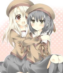  2girls akafuku_pukoemon bad_id bad_pixiv_id black_hair fate/kaleid_liner_prisma_illya fate_(series) hat highres homurahara_academy_school_uniform illyasviel_von_einzbern long_hair miyu_edelfelt multiple_girls red_eyes school_uniform side_ponytail yellow_eyes 