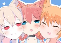  3girls animal_ears blue_eyes blush cat_ears cheek-to-cheek choker closed_eyes commentary fox_ears grey_hair heads_together hinata_channel kawa_mura kemomimi_oukoku_kokuei_housou long_hair looking_at_another mikoko_(kemomimi_oukoku_kokuei_housou) multiple_girls nekomiya_hinata nora_cat nora_cat_channel open_mouth orange_hair pink_hair red_eyes short_hair smile virtual_youtuber 