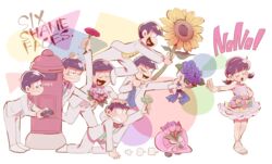  6+boys :3 amazou blush_stickers bouquet bracelet brothers closed_eyes commentary_request dress female flower highres jewelry male_harem matsuno_choromatsu matsuno_ichimatsu matsuno_jyushimatsu matsuno_karamatsu matsuno_osomatsu matsuno_todomatsu multiple_boys one_eye_closed open_mouth osomatsu-kun osomatsu-san osomatsu_(series) postbox_(outgoing_mail) sextuplets siblings six_shame_faces standing straight sunflower tuxedo yowai_totoko 