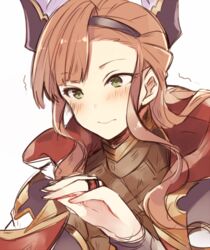  blush brown_hair commentary_request female granblue_fantasy green_eyes hair_ornament hairband hood jewelry nozomu144 ring trembling tweyen_(granblue_fantasy) wavy_hair wavy_mouth white_background 