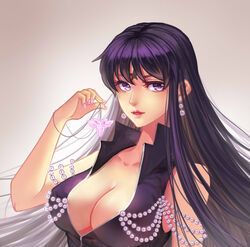  bare_shoulders bishoujo_senshi_sailor_moon bishoujo_senshi_sailor_moon_s black_hair breasts chinese_commentary cleavage commentary_request douyougen earrings facial_mark female forehead_mark gem holding jewelry large_breasts lips long_hair mistress_9 nail_polish necklace open_mouth pearl_(gemstone) purple_eyes purple_hair simple_background sleeveless solo tomoe_hotaru upper_body 