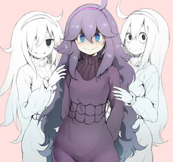  3girls :&gt; @_@ ahoge asui_tsuyu bags_under_eyes blush boku_no_hero_academia commentary cosplay crossover girl_sandwich hair_over_one_eye hairband hex_maniac_(pokemon) hex_maniac_(pokemon)_(cosplay) highres kedamono_kangoku-tou kuroki_tomoko long_hair messy_hair multiple_crossover multiple_girls necktie partially_colored pink_background pokemon pokemon_xy purple_hairband ribbed_sweater sandwiched simple_background sweater trait_connection watashi_ga_motenai_no_wa_dou_kangaetemo_omaera_ga_warui! 