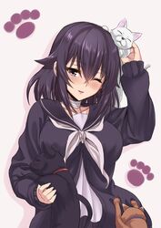  ;) black_hair black_serafuku breasts choker collarbone commentary_request feline female hair_between_eyes konohana_enishi large_breasts long_sleeves looking_at_viewer neckerchief one_eye_closed original parted_lips photoshop_(medium) purple_eyes school_uniform sengoku_aky serafuku smile upper_body 