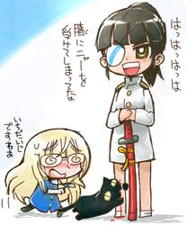  2girls @_@ arrow_to_the_knee biting black_hair blonde_hair blood blush chibi commentary_request eyepatch feline g=hikorou glasses katana long_hair military military_uniform multiple_girls open_mouth pantyhose perrine_h._clostermann ponytail sakamoto_mio strike_witches sweatdrop sword teeth translated uniform weapon world_witches_series 